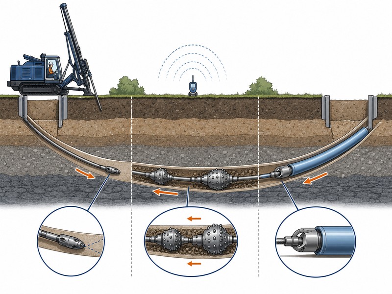 Horizontal directional drilling diagram showing the pilot bore stage, the reaming passes and the final pipe pullback along a curved bore