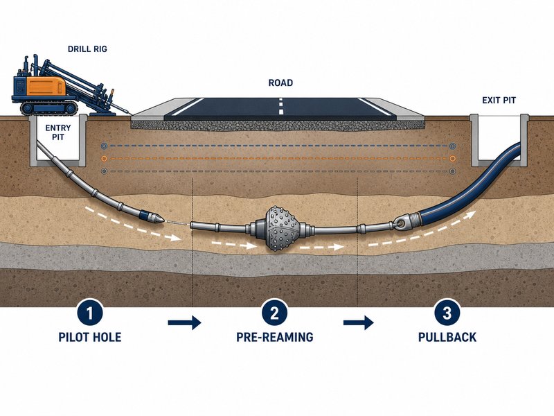 hdd-pilot-hole-ream-pullback-process HDD installation process diagram showing pilot hole drilling, prereaming and pipe pullback stages under a road crossing
