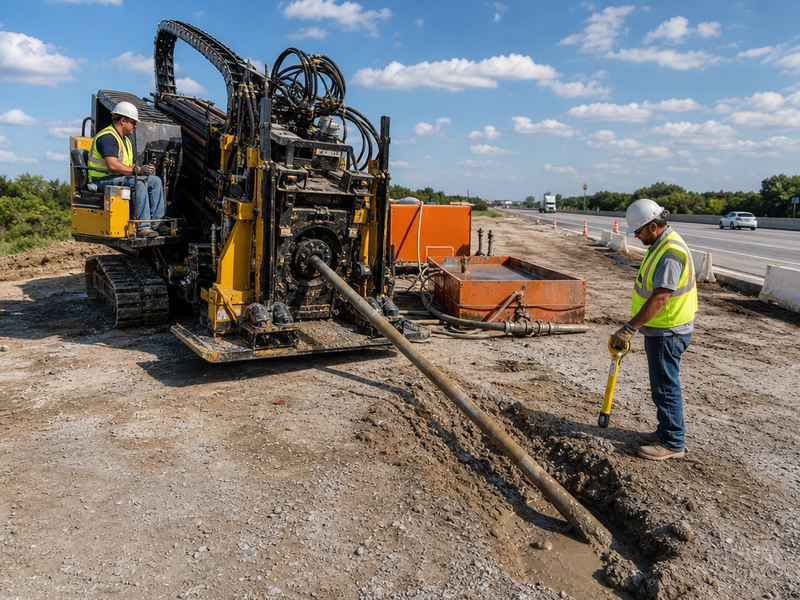 Horizontal directional drilling rig preparing a bore at a highway crossing with drill pipe entering the ground at a shallow angle