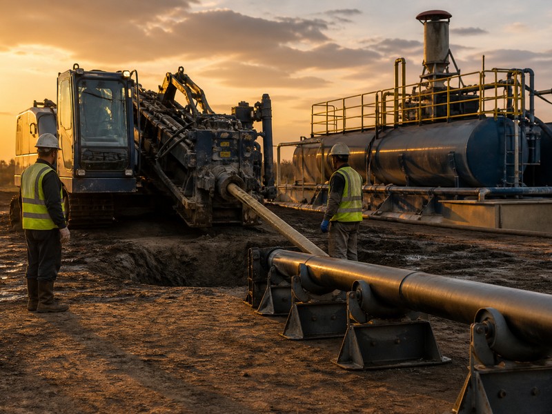 HDD rig pulling a pipe string through the borehole at the entry pit during the pullback stage, dusk lighting
