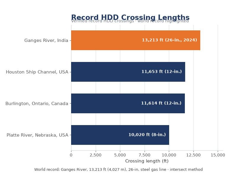 Bar chart comparing record horizontal directional drilling crossing lengths from 10,020 ft to 13,213 ft