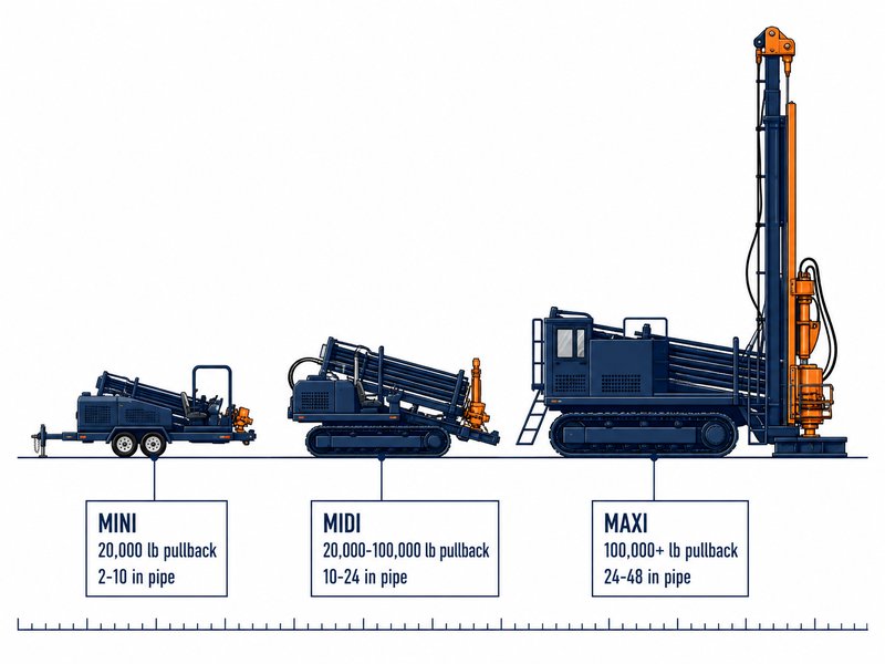 Comparison diagram of mini, midi and maxi HDD rig size classes with pullback capacity, pipe diameter and bore length ranges