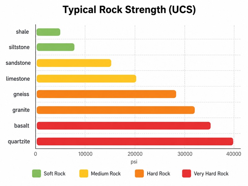 Bar chart comparing typical unconfined compressive strength of common HDD rock types from shale to quartzite