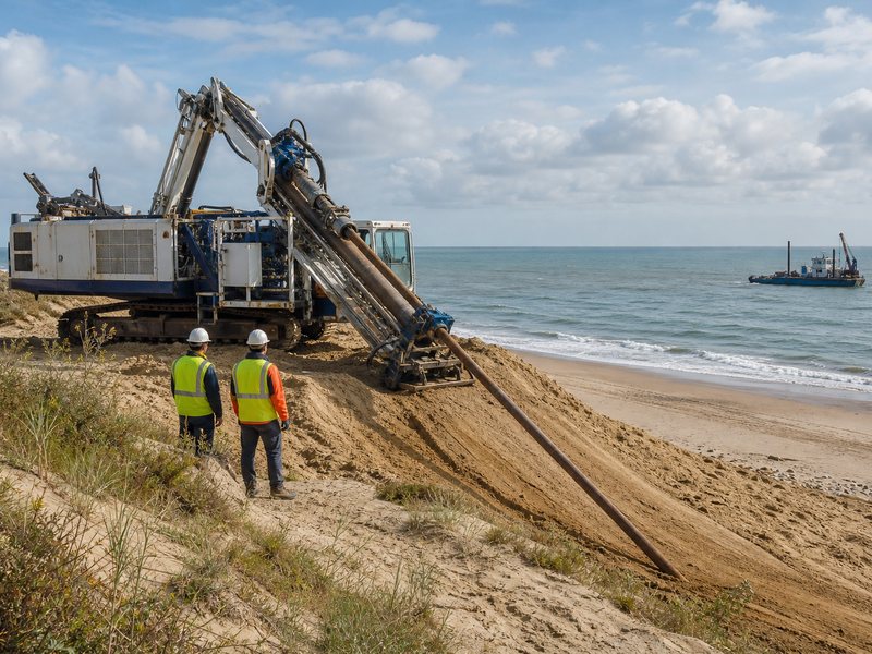Maxi HDD drill rig operating behind a beach for a shore approach crossing, drill pipe entering the ground at a low angle with the sea in the background