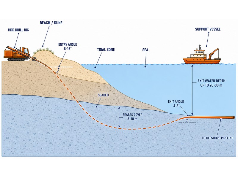 Cross-section of an HDD shore approach: rig on land, bore under beach and seabed, pipeline exit offshore