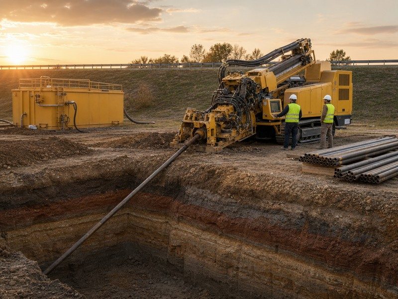 Horizontal directional drilling rig drilling into layered soil and rock strata beside a highway crossing at dusk