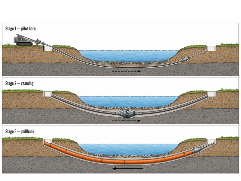 Three-stage HDD process: pilot bore with locating system, reaming passes and pipe pullback under a river