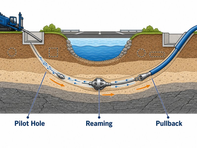 Horizontal directional drilling process diagram showing pilot hole drilling, reaming and pipe pullback stages beneath a river crossing