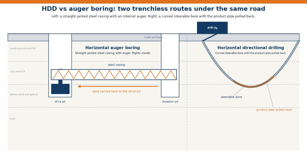 HDD versus auger boring comparison cross-section showing a straight jacked steel casing with an internal auger on the left and a curved steerable directional drilling bore with a pulled-back product pipe on the right