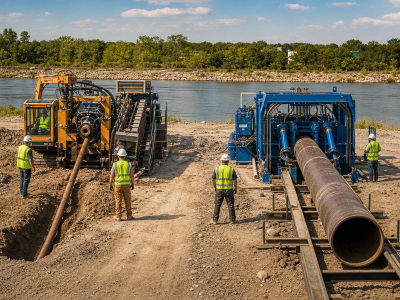 HDD drill rig and Direct Pipe thrusting equipment on a pipeline river crossing site, comparison of two trenchless methods