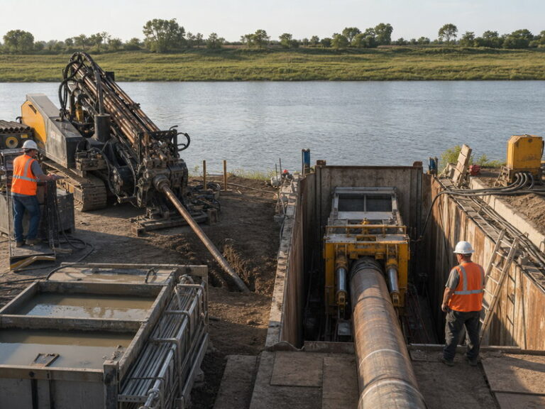 HDD drill rig and Direct Pipe pipe thruster on the same trenchless crossing site, shown for method comparison