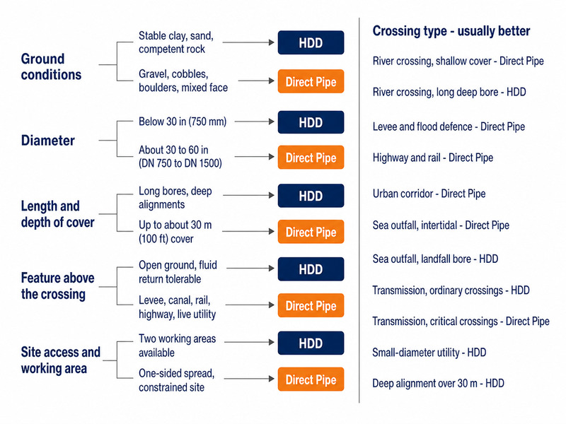 Decision matrix for choosing HDD or Direct Pipe by ground, diameter, length, cover and site footprint