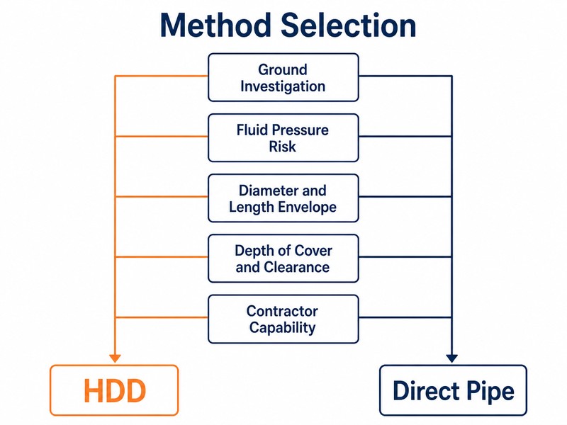 Decision flowchart for selecting HDD or Direct Pipe based on frac-out potential, depth of cover, pipe diameter and bore length