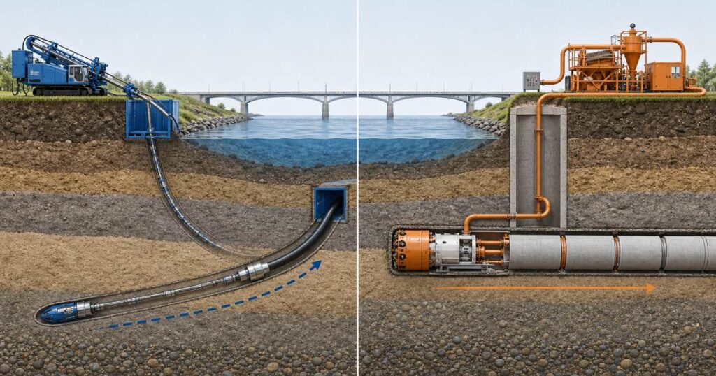 HDD vs microtunneling comparison diagram showing a curved horizontal directional drilling bore and a straight microtunneling drive
