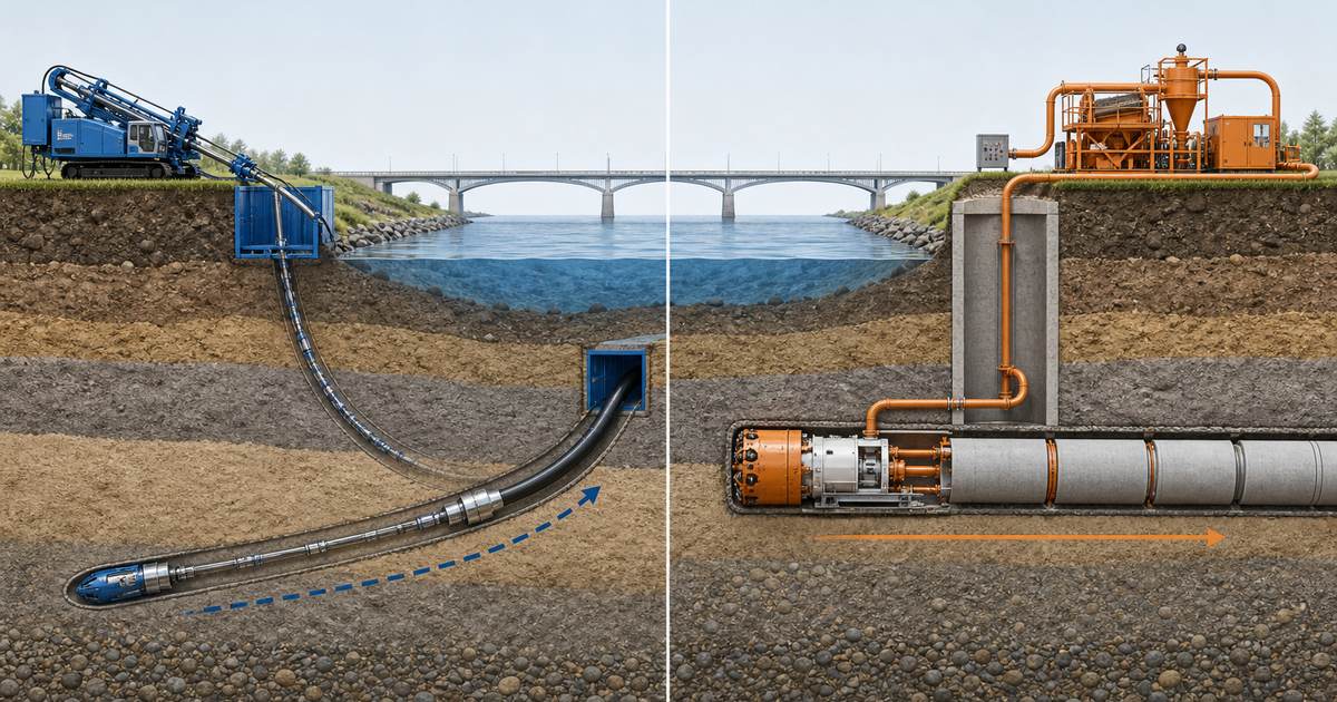 HDD vs microtunneling comparison diagram showing a curved horizontal directional drilling bore and a straight microtunneling drive
