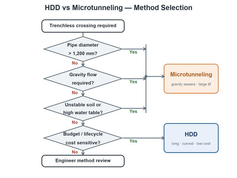 HDD versus microtunneling method selection flowchart based on pipe diameter, gravity flow, ground conditions, and budget