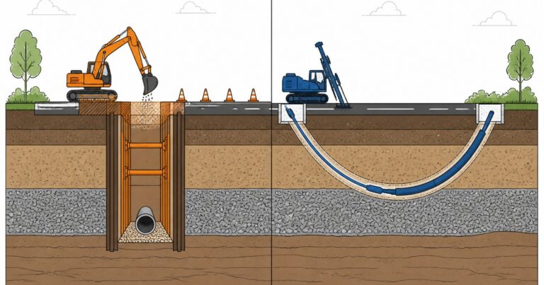 Cross-section comparison of open cut trenching and horizontal directional drilling for pipeline installation beneath a road