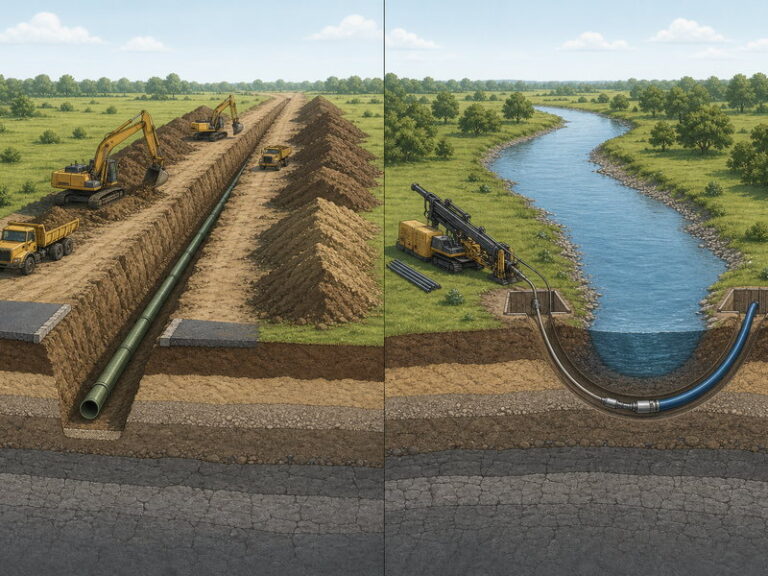 HDD vs open cut: an open cut pipeline trench with spoil piles beside a directional drilling rig boring beneath a river