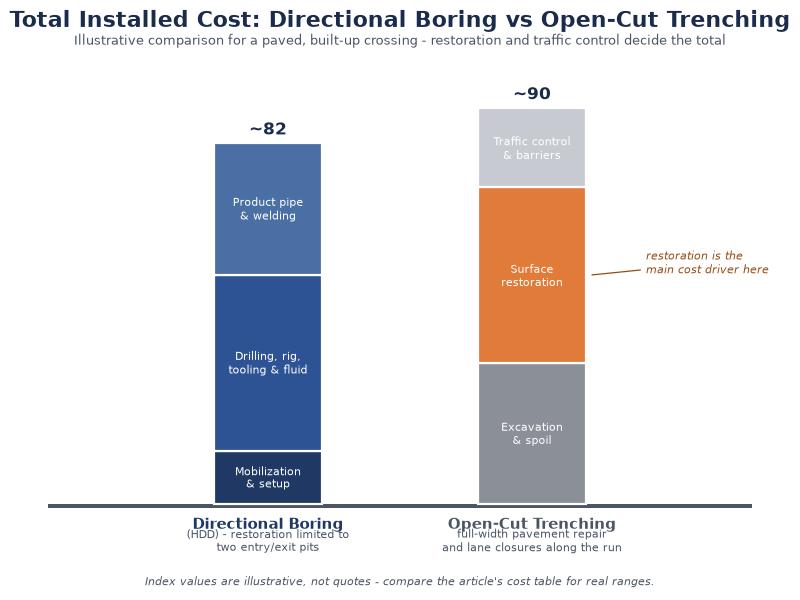 Comparison chart of total installed cost between directional drilling and open-cut trenching including restoration and traffic control