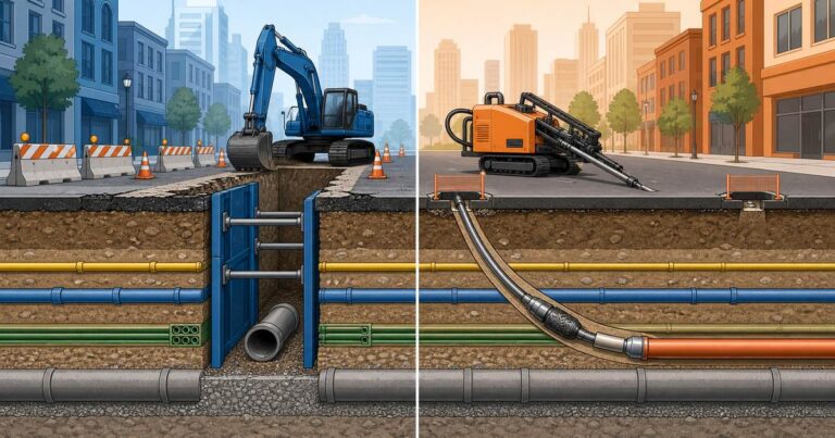HDD vs open cut comparison cross-section showing an open trench excavation on the left and a horizontal directional drilling bore beneath an urban street on the right