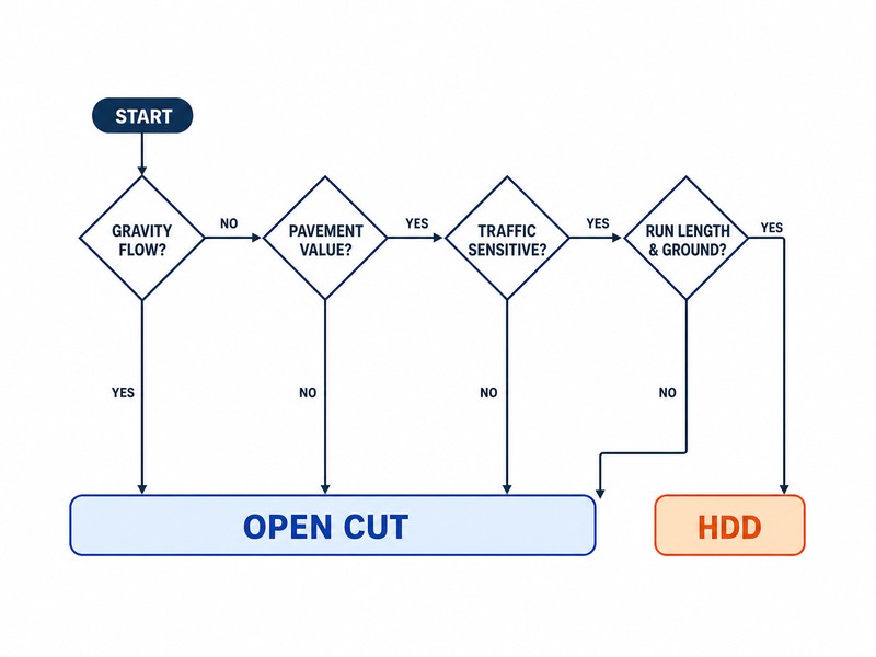 Decision flowchart for choosing between open cut construction and HDD based on gravity flow, pavement value, traffic sensitivity, and run length