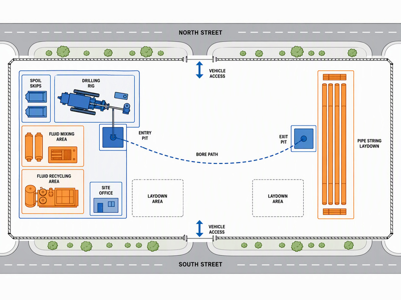 Plan view of an HDD site layout showing the rig pad and entry pit at one end, the exit pit, and a pipe string staged along the road at the other end