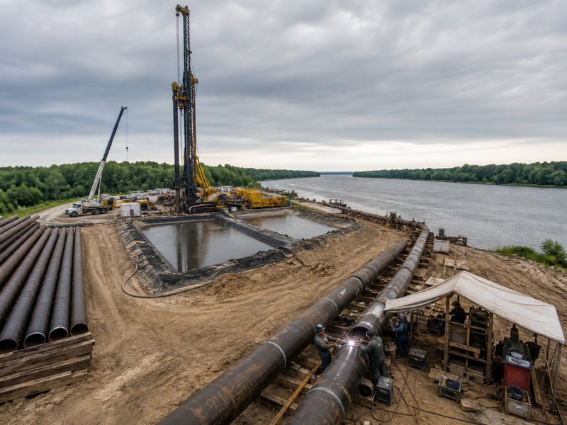 Large maxi HDD rig and pipe string spread preparing a steel pipeline river crossing