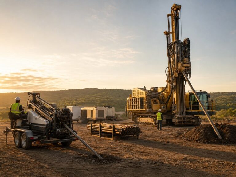 Mini and maxi HDD rigs side by side showing the scale difference in horizontal directional drilling equipment