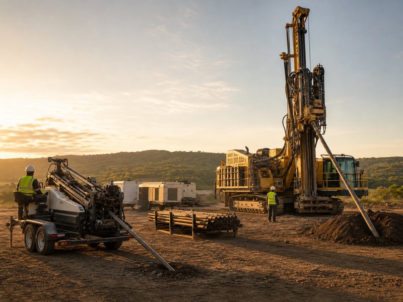 Mini and maxi HDD rigs side by side showing the scale difference in horizontal directional drilling equipment
