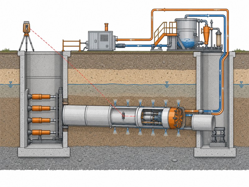 Microtunneling drive components diagram with the microtunnel boring machine, laser guidance target, thrust wall, hydraulic jacking frame, slurry circuit and separation plant