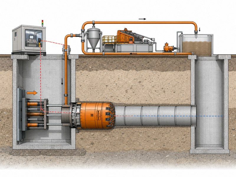 Microtunneling setup with MTBM in the launch shaft, laser guidance, slurry system, and hydraulic jacking frame