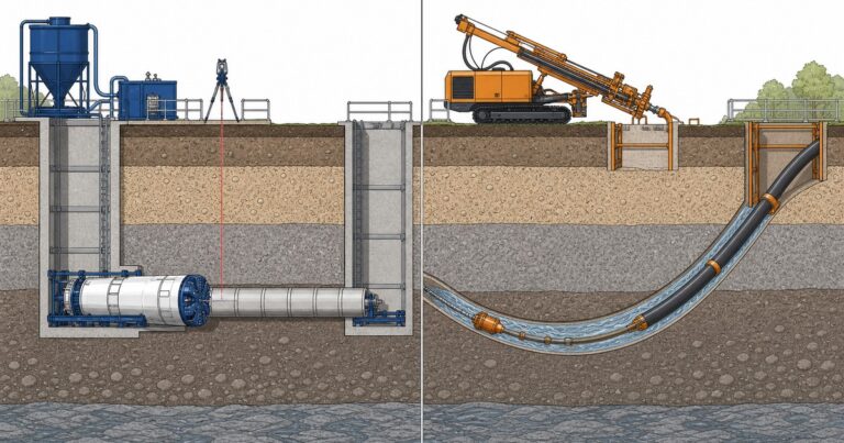 Microtunneling vs HDD comparison showing a straight jacked pipe drive from a launch shaft beside a curved horizontal directional drilling bore
