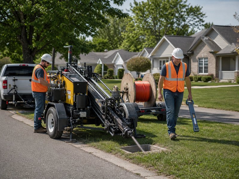 Compact mini HDD rig installing fiber optic cable under a residential road with a two-person crew