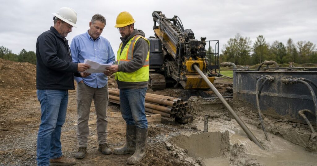 Engineer and project owner reviewing an HDD contract with a horizontal directional drilling contractor beside the rig at the entry pit
