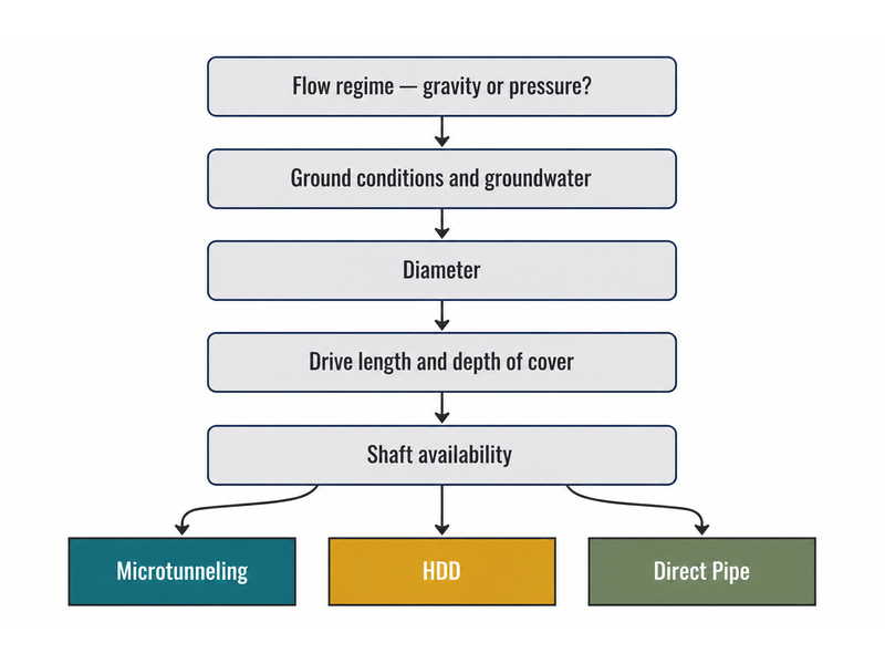 Decision flowchart: flow regime, ground conditions, diameter, drive length and shaft availability select the method