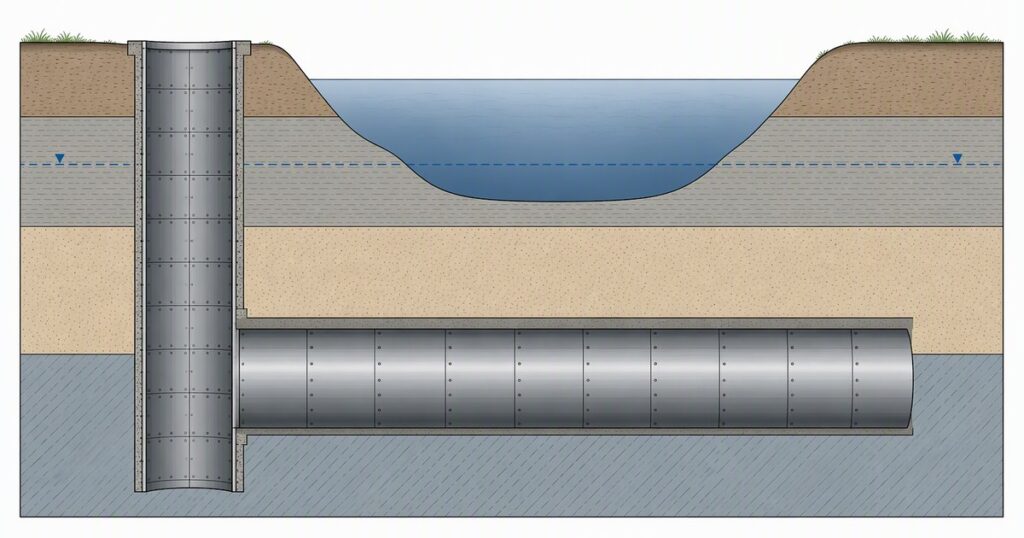 Cross-section of a 99.5-inch steel casing microtunnel launched from a deep liner plate shaft beneath a waterway, with the drive running below the water table through lean clay and sand