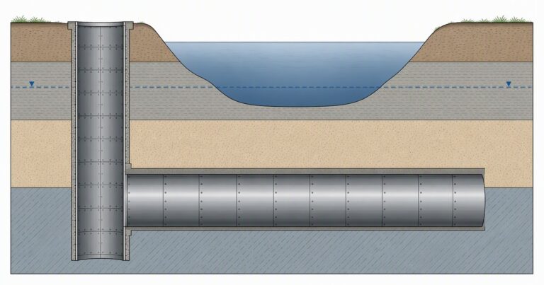 Cross-section of a 99.5-inch steel casing microtunnel launched from a deep liner plate shaft beneath a waterway, with the drive running below the water table through lean clay and sand