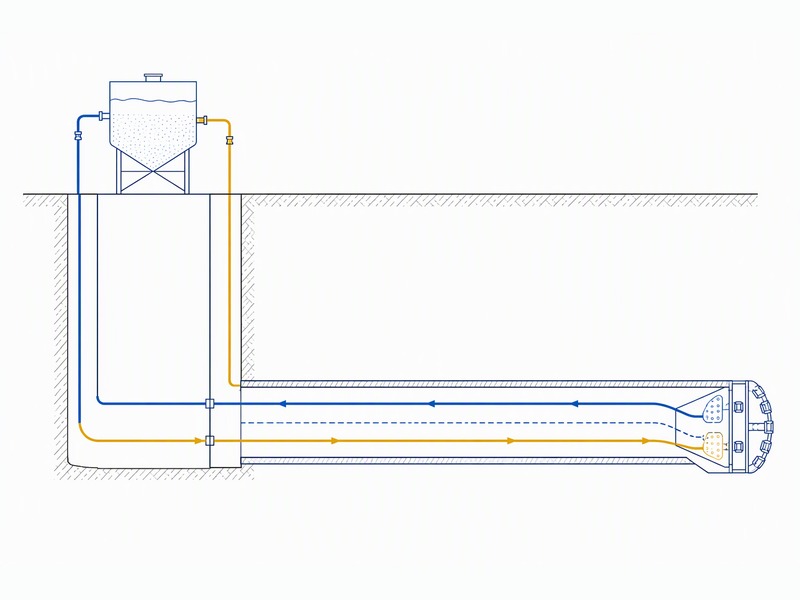 Diagram of a slurry microtunneling circuit showing the cutterhead and plenum at the face, the slurry supply and return lines through the jacked casing, the separation plant at the shaft and the carrier pipe installed later inside the steel casing
