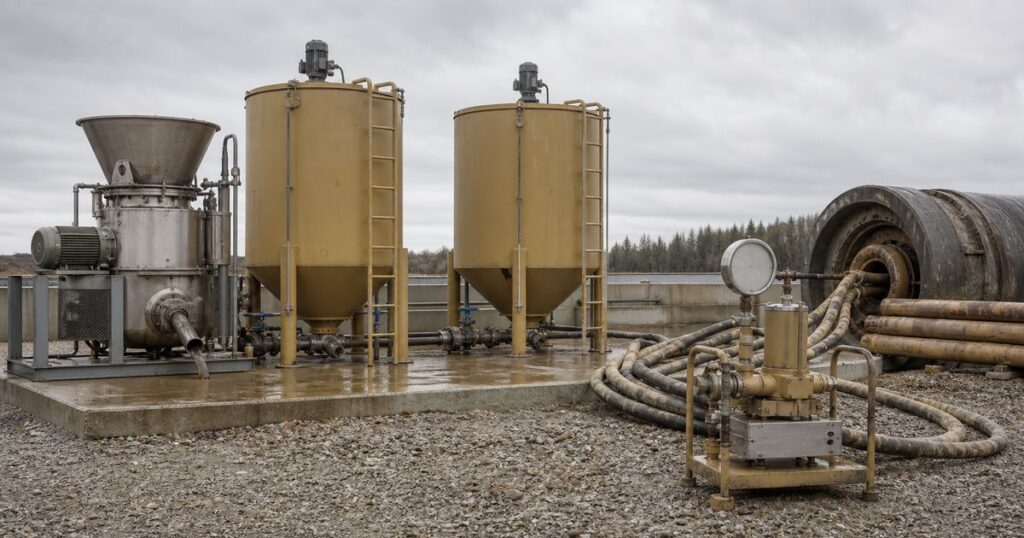 Bentonite mixing plant and lubrication injection equipment on a microtunneling site, with grout lines running to the launch shaft and pipe string