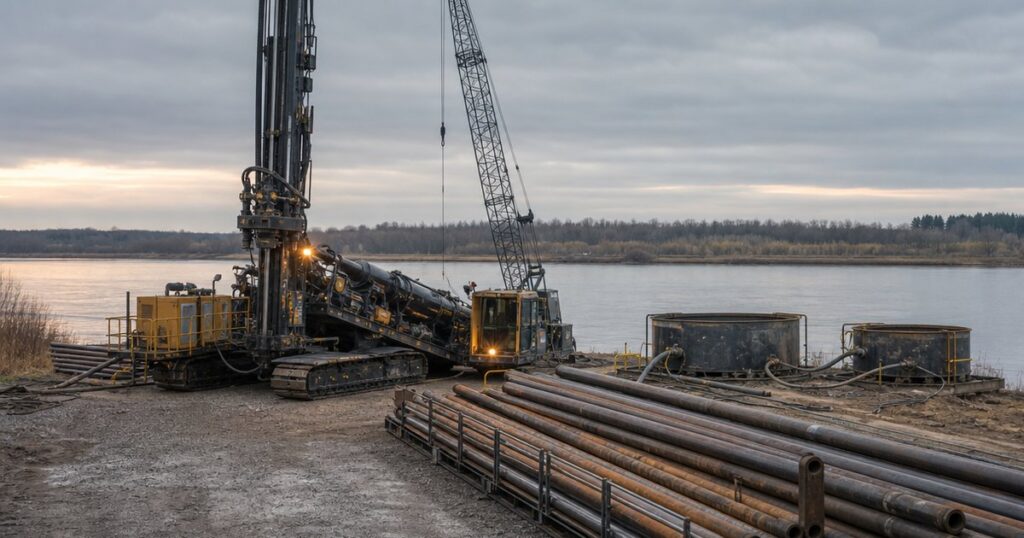 Maxi rig drilling a long river crossing with drill pipe racked on the entry side and support equipment around the spread