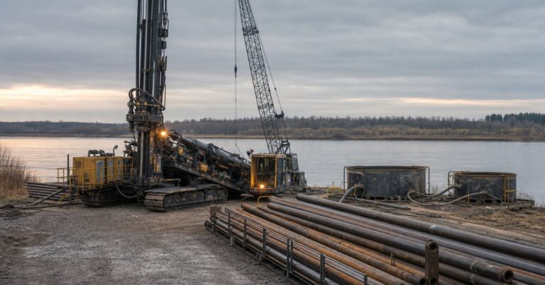 Maxi rig drilling a long river crossing with drill pipe racked on the entry side and support equipment around the spread