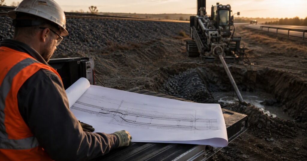 Pipeline engineer marking up a road and railroad crossing casing design drawing on site during pre-construction planning