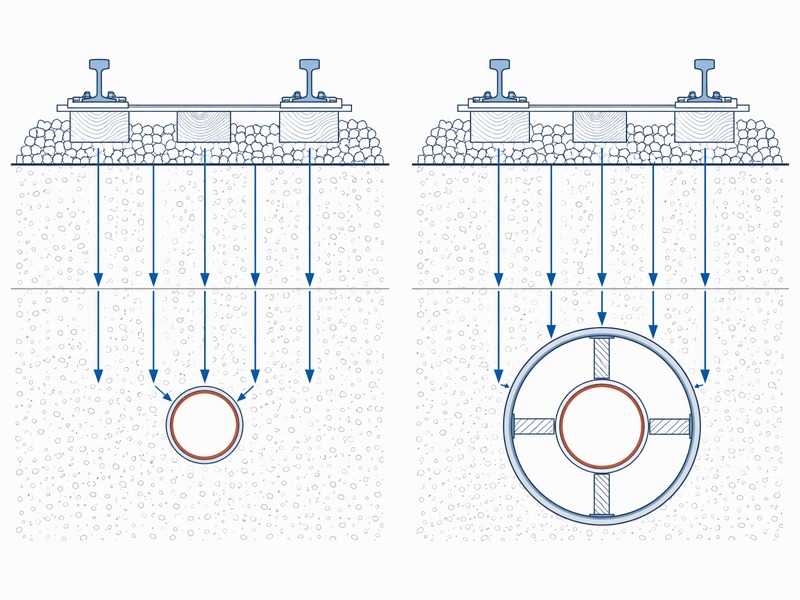 Comparison diagram showing surface loads from a road and a railroad reaching an uncased pipeline directly through the soil and reaching a cased pipeline through a sleeve and its annular space