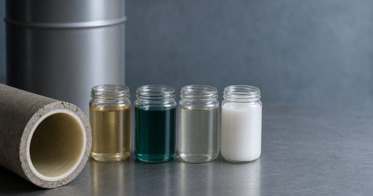 Cover illustration of four CIPP saturating resin families - polyester, vinyl ester, epoxy and silicate - with a resin drum and a lined sewer pipe cross-section