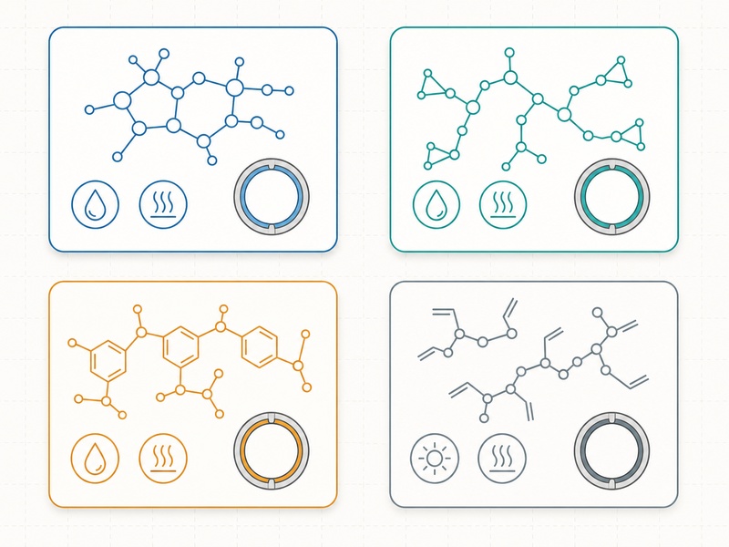 Diagram of the four CIPP resin families - polyester, vinyl ester, epoxy and silicate - with the cure pairing and typical use each is chosen for
