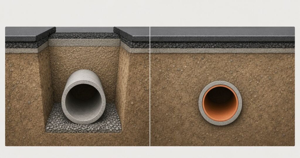 Cured-in-place pipe liner and open-cut pipe replacement compared side by side