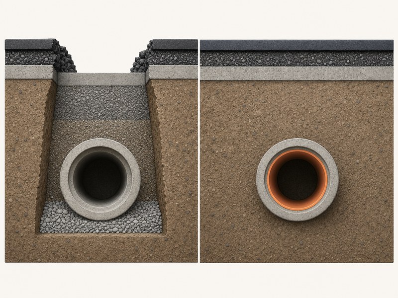 Cross-section comparison of an open-cut pipe replacement trench and a cured-in-place pipe liner inside the host pipe
