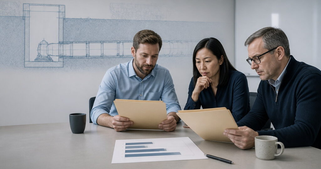 Review panel comparing microtunneling bidder submissions against prequalification criteria for experience, people, equipment, finance and safety