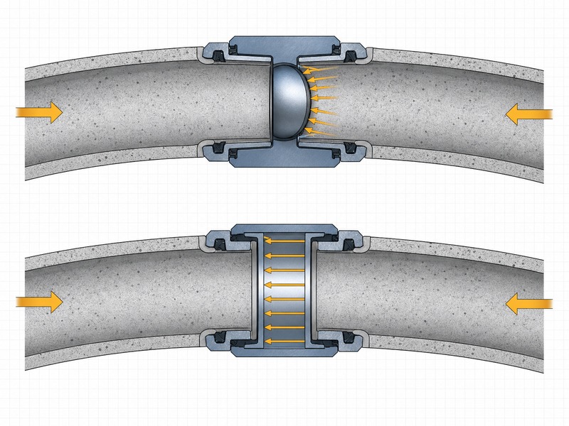 Section through a pipe joint on a curve showing eccentric load transfer through an articulated joint and full-face transfer through a hydraulic joint
