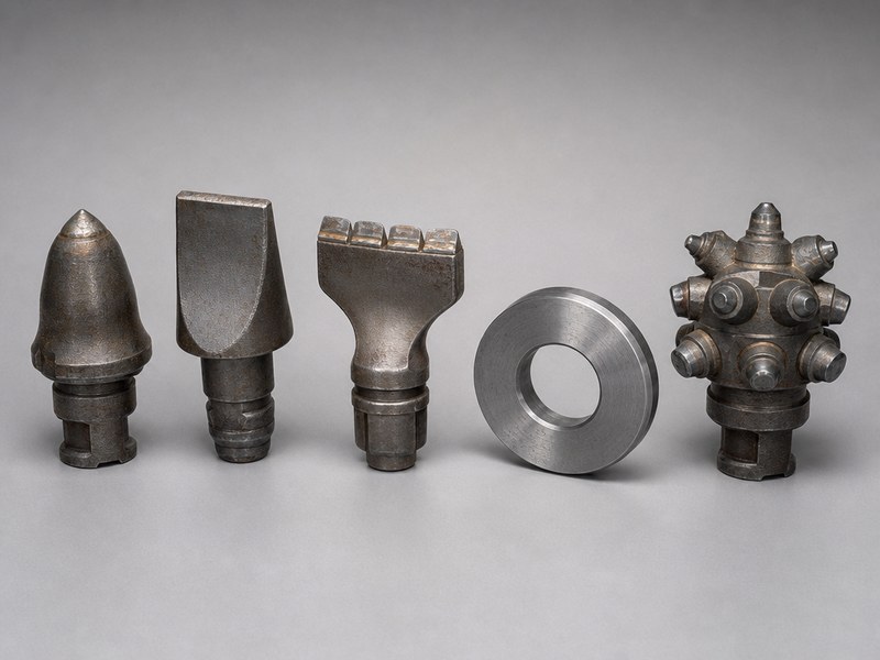 Studio comparison photograph of microtunneling cutting tools: carbide-tipped bullet and chisel bits, scrapers, rippers, a single disc cutter and a gauge cutter, illustrating the tooling families blended on a mixed ground cutterhead